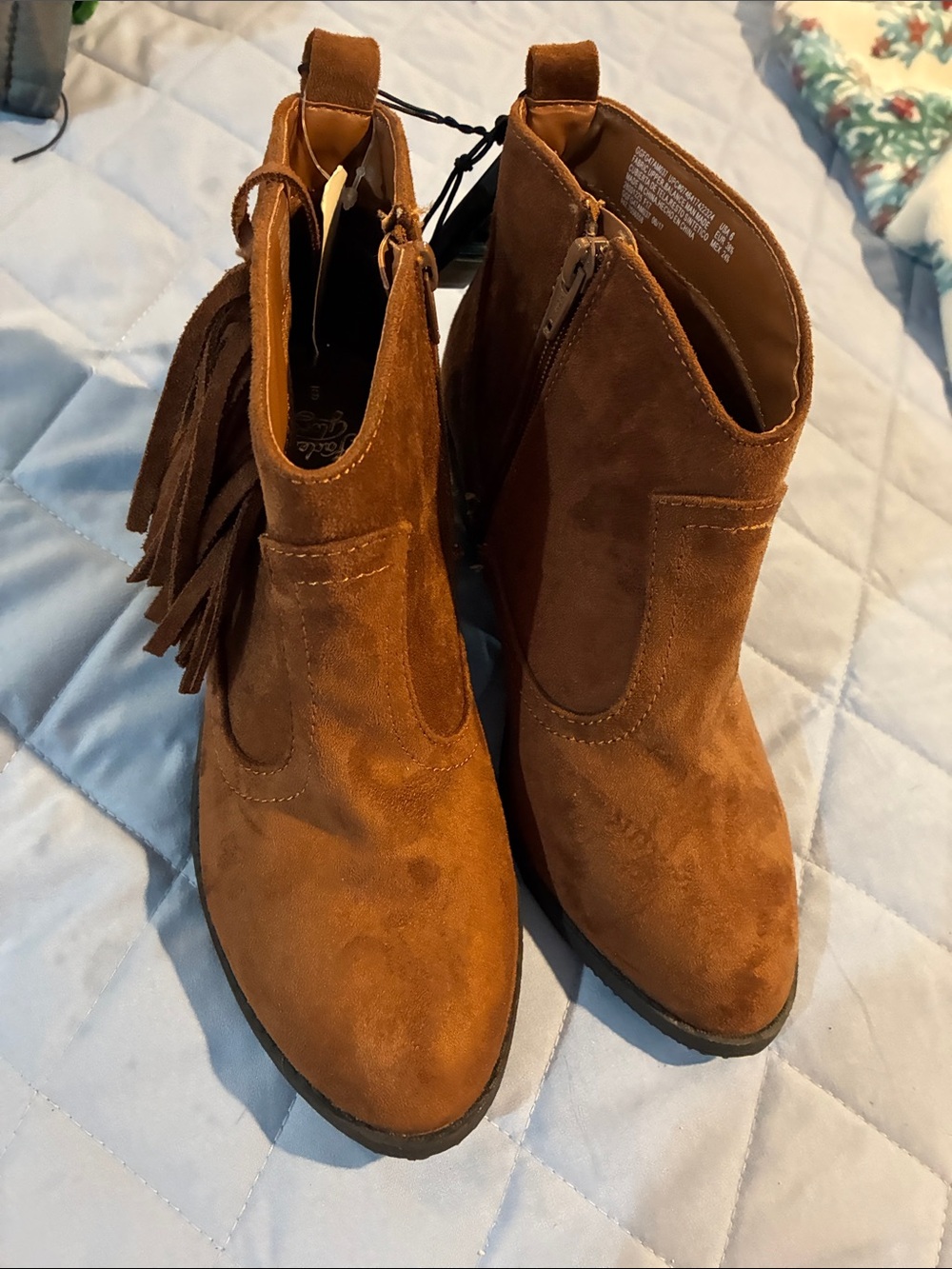 Suede Fringe Ankle Boots in Cognac Brown - Women size 6